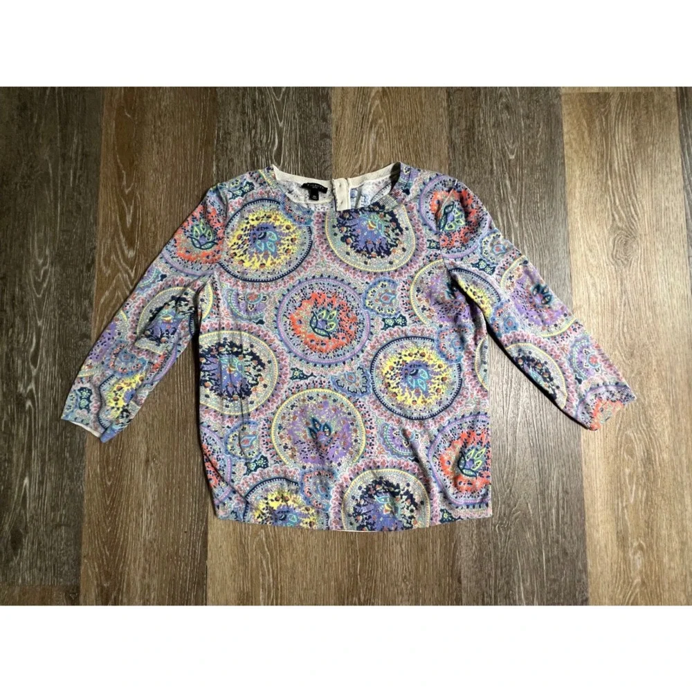 Talbots Sweater Women MP Multi Color Paisley Medallion 3/4 Sleeve Button Back